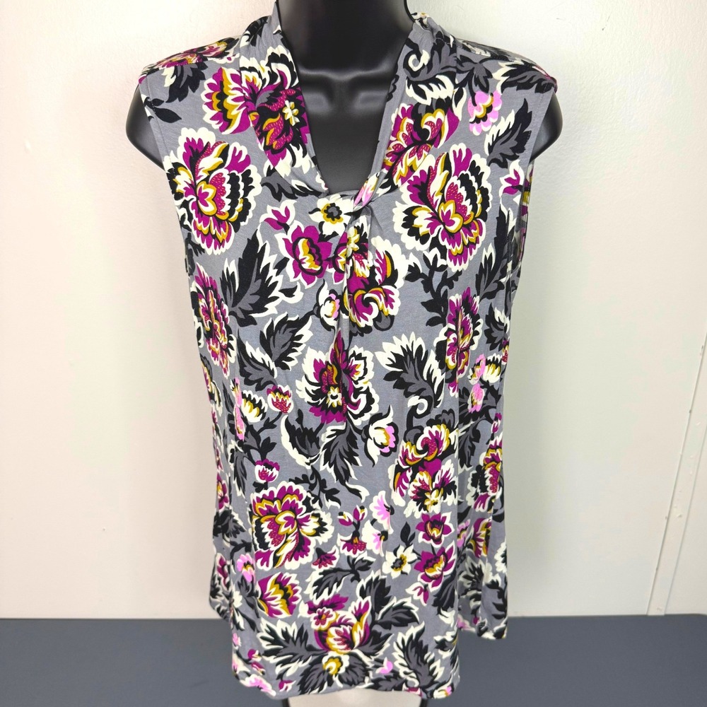 Ann Taylor Factory Top Womens Medium Floral V-Neck Sleeveless Knit Grey Purple